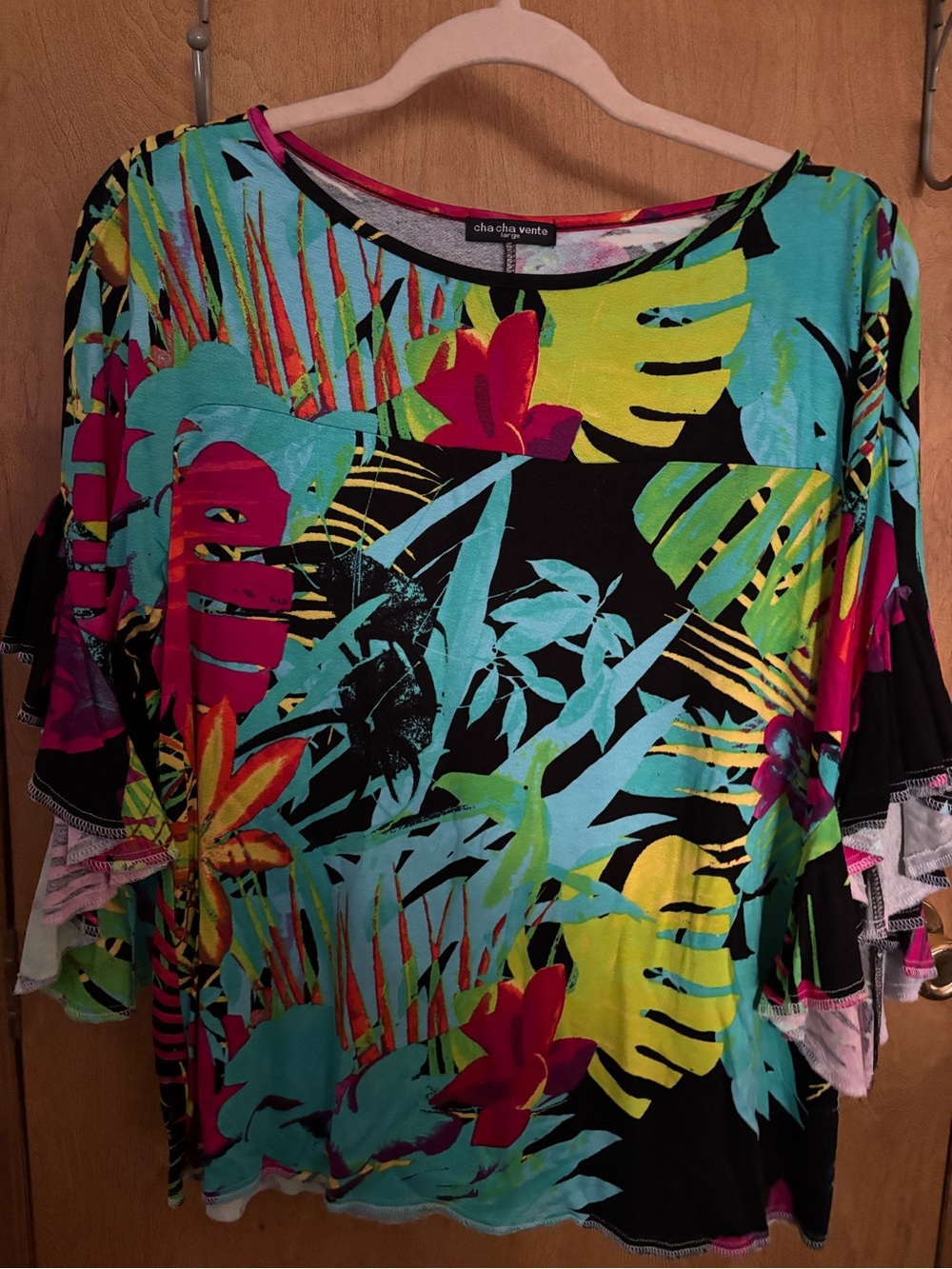 cha cha vente Black Tropical Floral Flutter Sleeve Top with Bright Accents